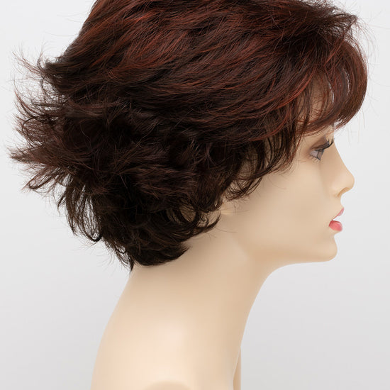 profile side of a short Kinner Beauty Wigs wig for woman on mannequin head