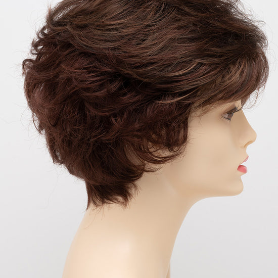 profile side of a short Kinner Beauty Wigs wig for woman on mannequin head