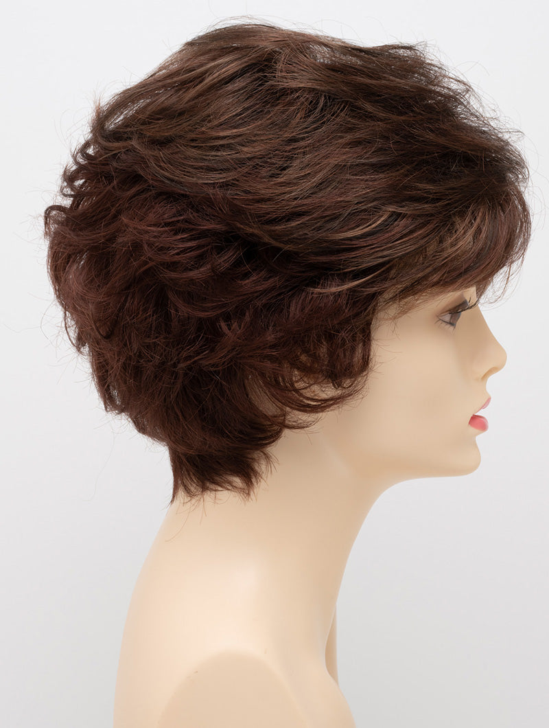 profile side of a short Kinner Beauty Wigs wig for woman on mannequin head