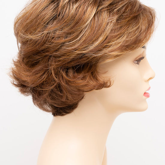 profile side of a short Kinner Beauty Wigs wig for woman on mannequin head
