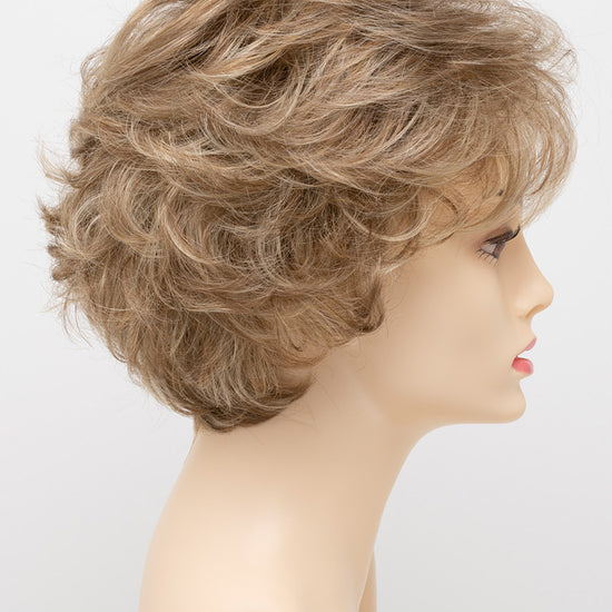 profile side of a short Kinner Beauty Wigs wig for woman on mannequin head