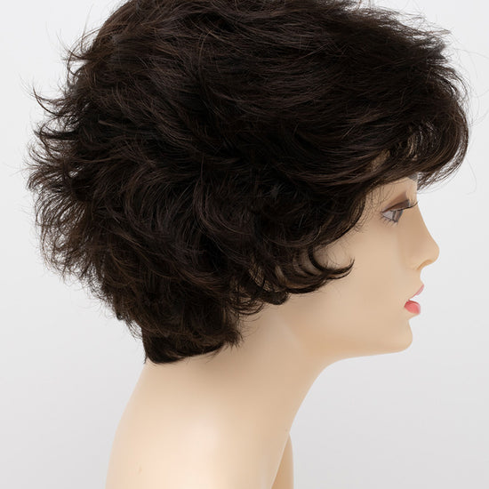 profile side of a short Kinner Beauty Wigs wig for woman on mannequin head