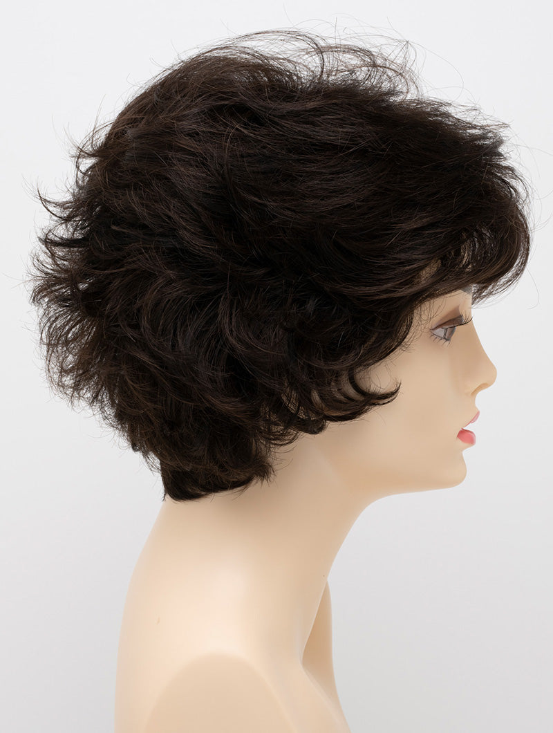 profile side of a short Kinner Beauty Wigs wig for woman on mannequin head