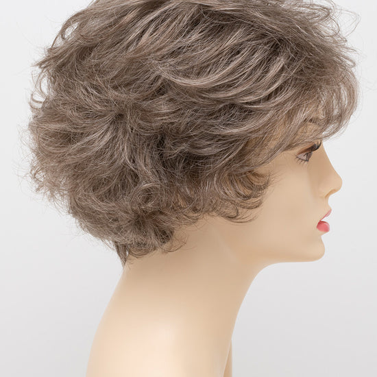 profile side of a short Kinner Beauty Wigs wig for woman on mannequin head