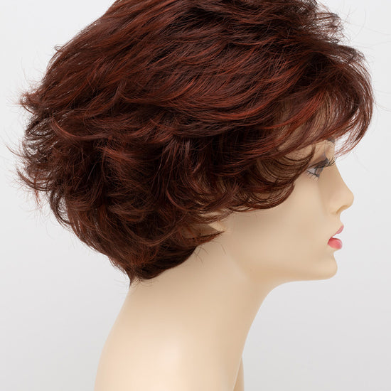 profile side of a short Kinner Beauty Wigs wig for woman on mannequin head