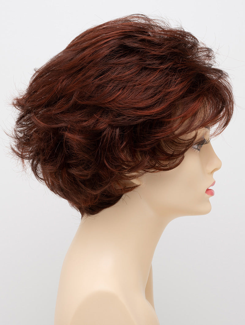 profile side of a short Kinner Beauty Wigs wig for woman on mannequin head