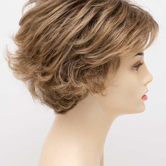 profile side of a short Kinner Beauty Wigs wig for woman on mannequin head