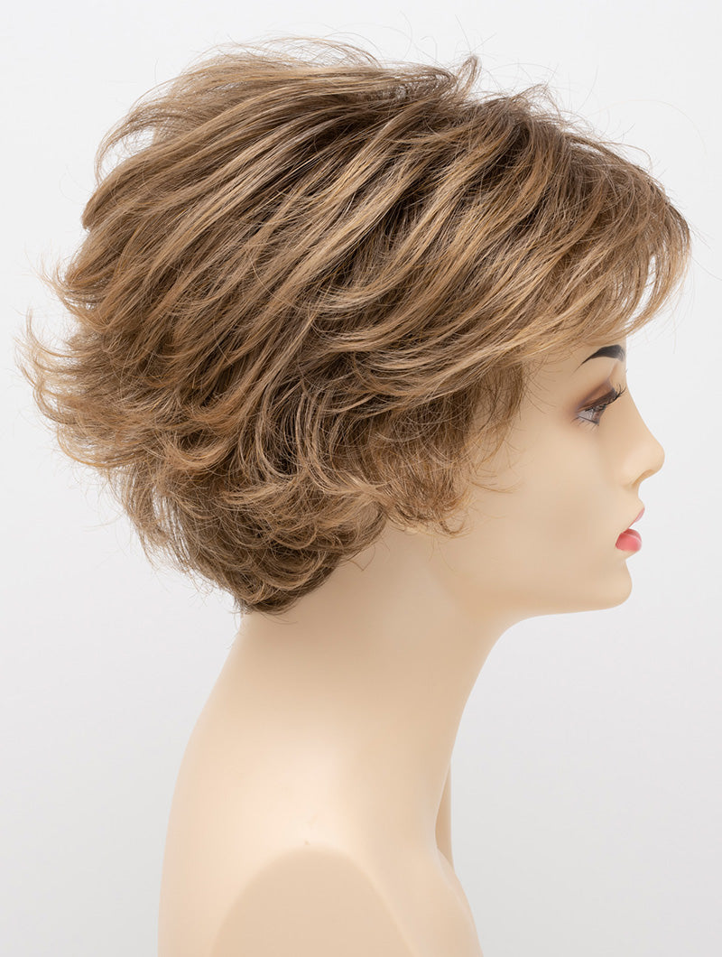 profile side of a short Kinner Beauty Wigs wig for woman on mannequin head