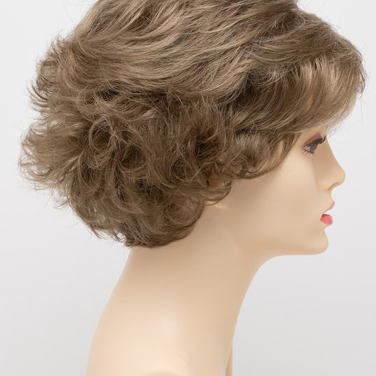 profile side of a short Kinner Beauty Wigs wig for woman on mannequin head