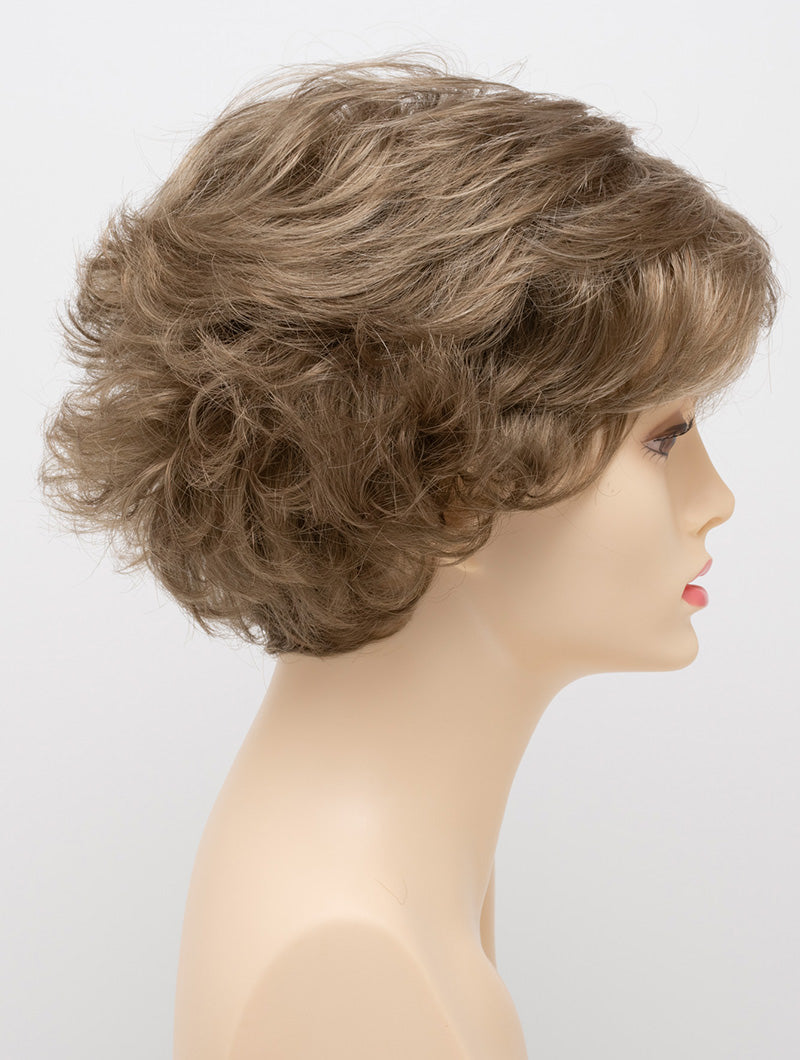 profile side of a short Kinner Beauty Wigs wig for woman on mannequin head