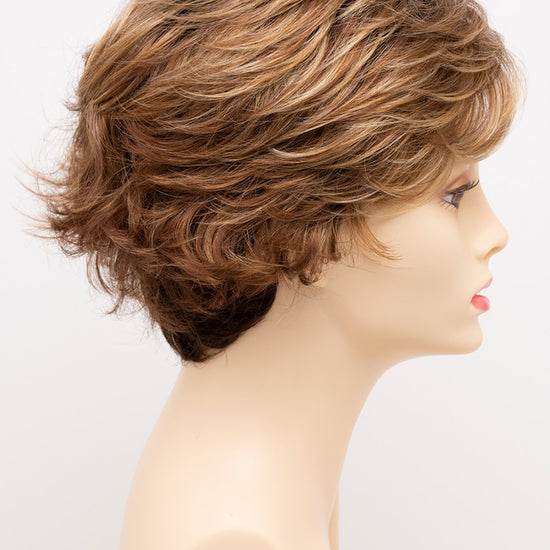 profile side of a short Kinner Beauty Wigs wig for woman on mannequin head