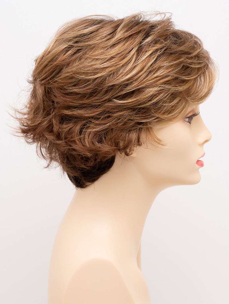 profile side of a short Kinner Beauty Wigs wig for woman on mannequin head