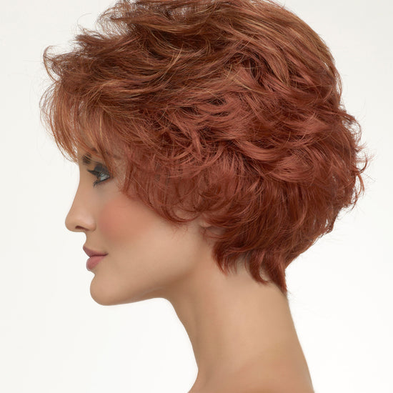 profile side of a short Kinner Beauty Wigs wig on woman head
