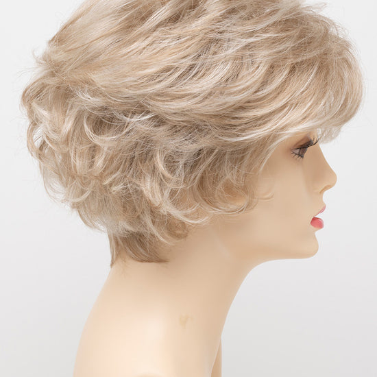 profile side of a short Kinner Beauty Wigs wig for woman on mannequin head