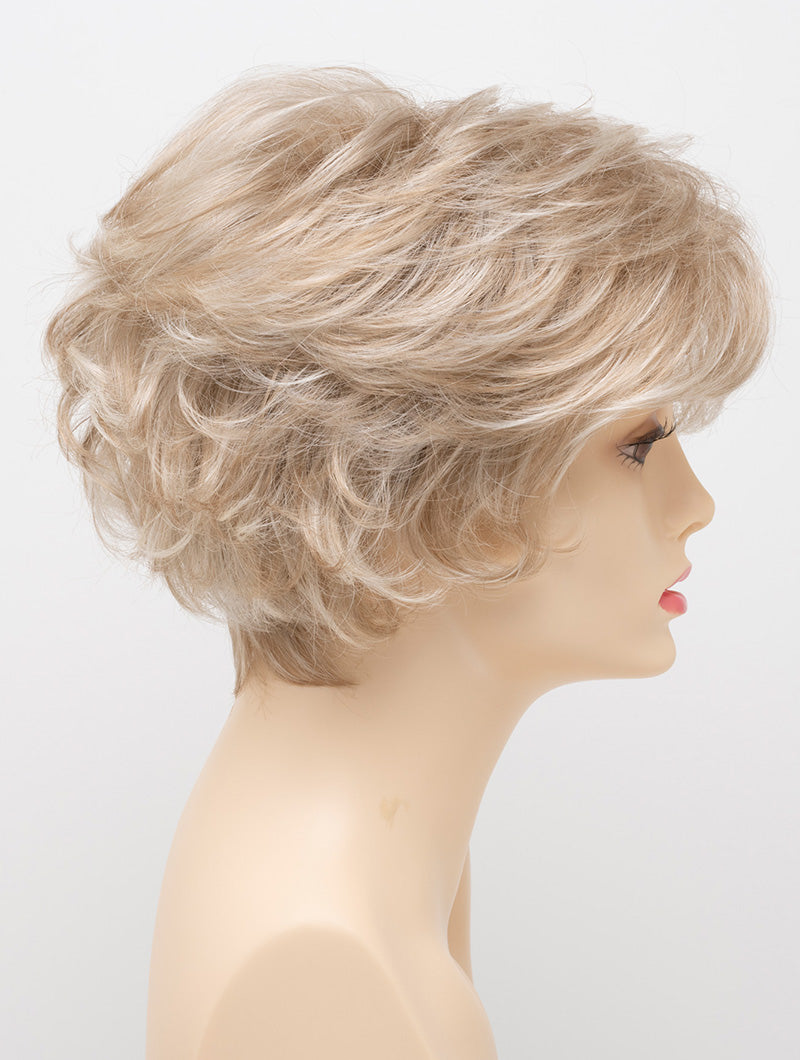 profile side of a short Kinner Beauty Wigs wig for woman on mannequin head