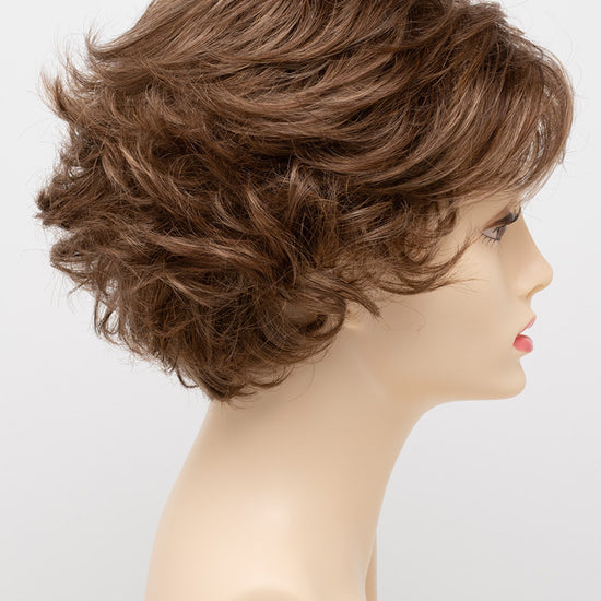 profile side of a short Kinner Beauty Wigs wig for woman on mannequin head