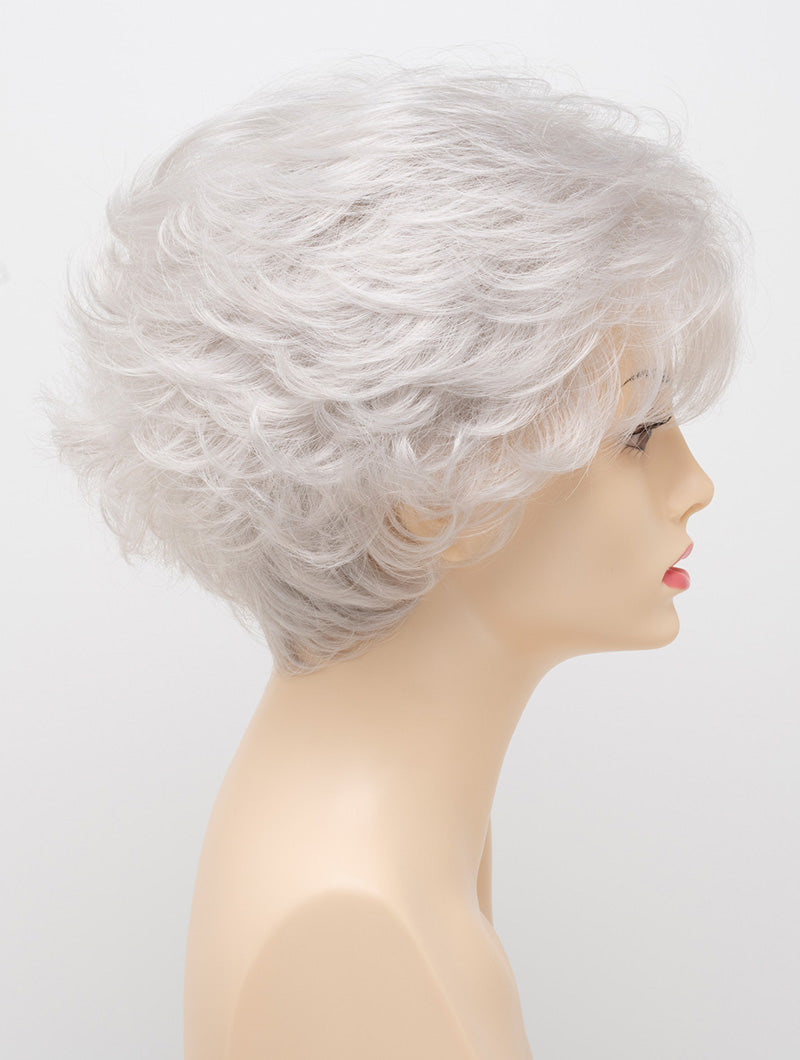 profile side of a short Kinner Beauty Wigs wig for woman on mannequin head