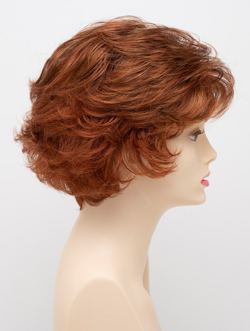 profile side of a short Kinner Beauty Wigs wig for woman on mannequin head