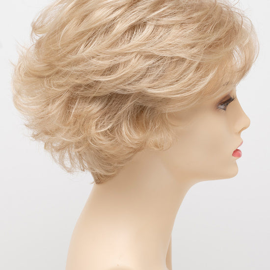 profile side of a short Kinner Beauty Wigs wig for woman on mannequin head
