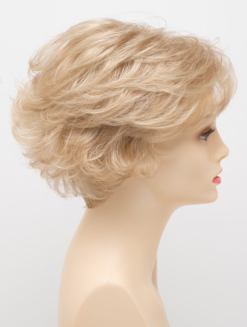 profile side of a short Kinner Beauty Wigs wig for woman on mannequin head