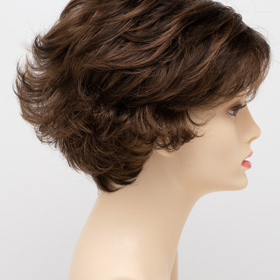 profile side of a short Kinner Beauty Wigs wig for woman on mannequin head