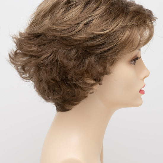 profile side of a short Kinner Beauty Wigs wig for woman on mannequin head