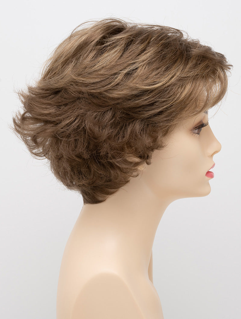 profile side of a short Kinner Beauty Wigs wig for woman on mannequin head