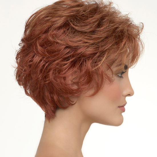 profile side of a short Kinner Beauty Wigs wig on woman head
