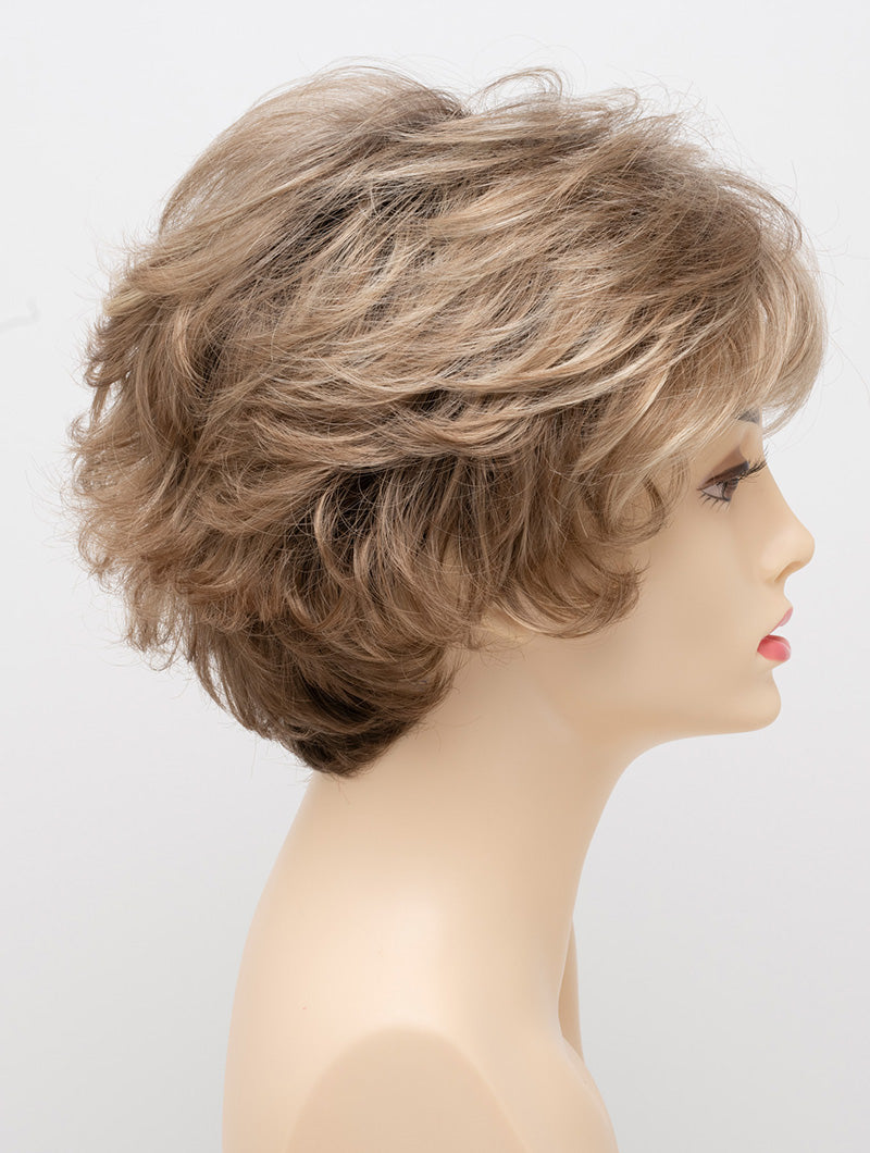 profile side of a short Kinner Beauty Wigs wig for woman on mannequin head
