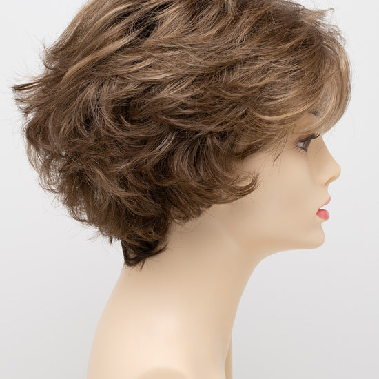 profile side of a short Kinner Beauty Wigs wig for woman on mannequin head