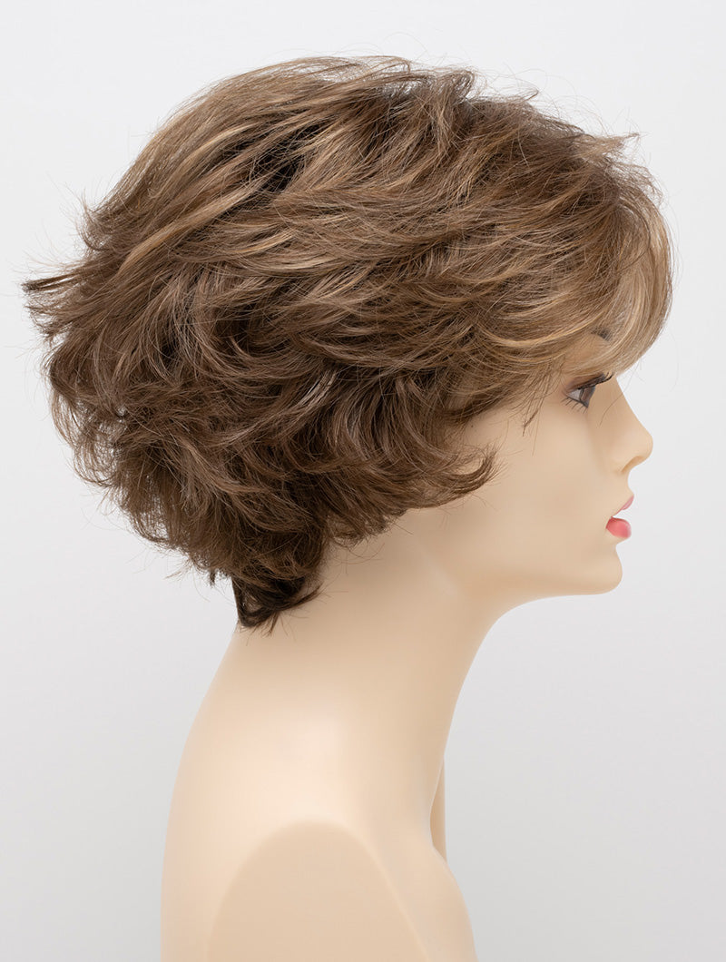 profile side of a short Kinner Beauty Wigs wig for woman on mannequin head