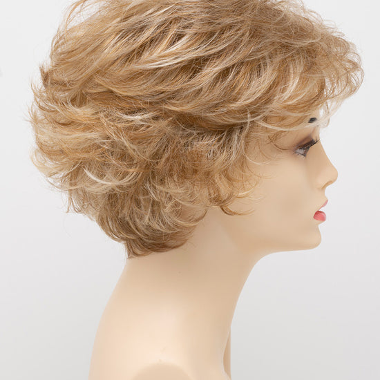 profile side of a short Kinner Beauty Wigs wig for woman on mannequin head
