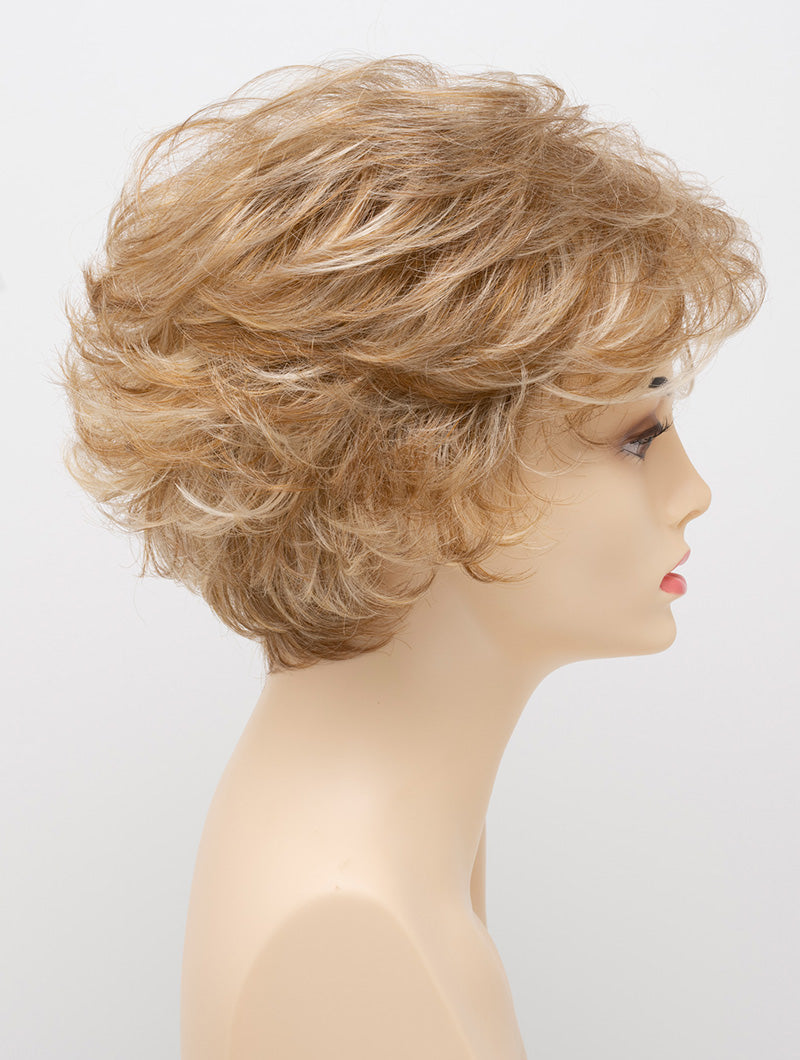 profile side of a short Kinner Beauty Wigs wig for woman on mannequin head
