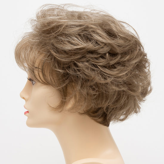 profile side of a short Kinner Beauty Wigs wig for woman on mannequin head
