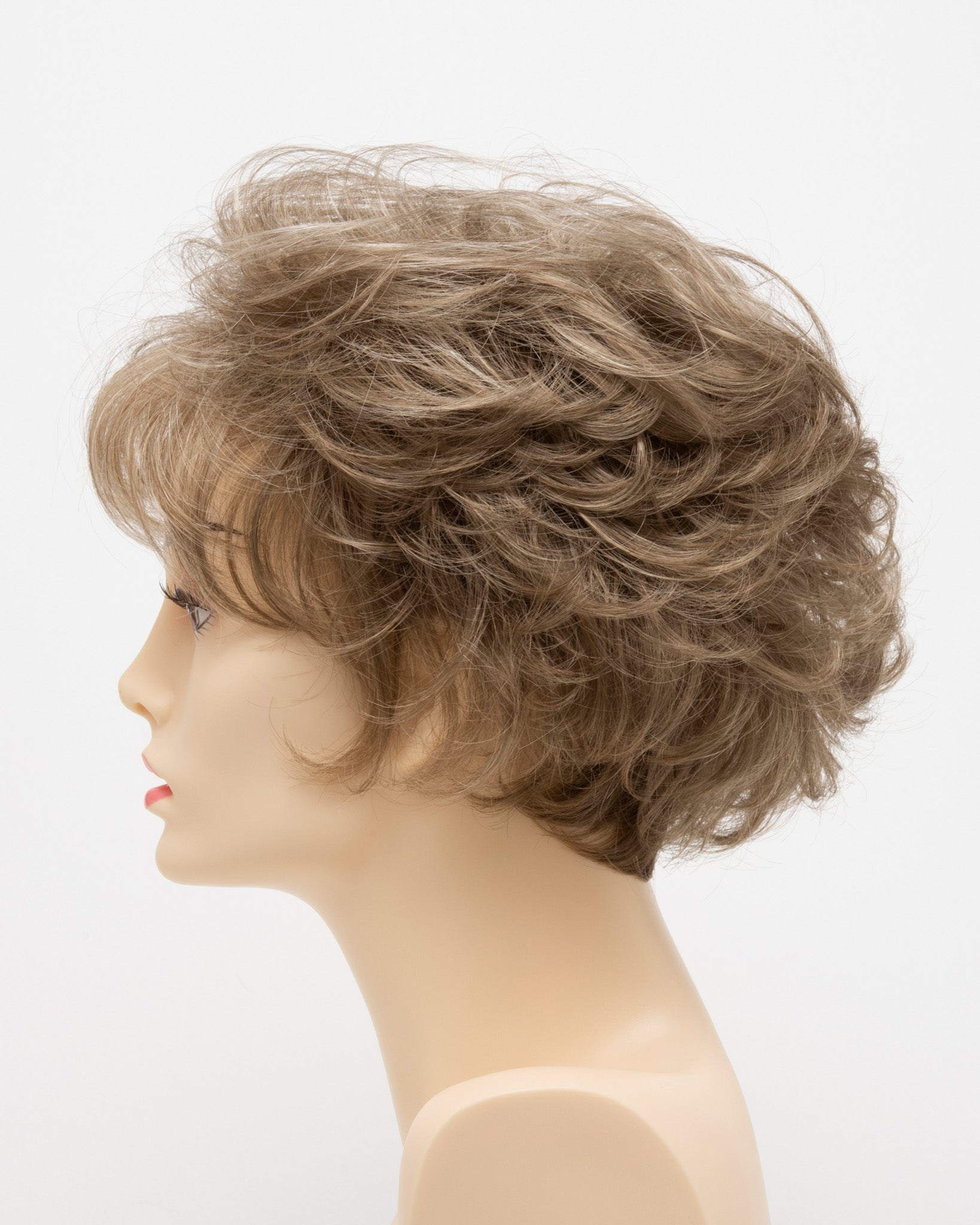 profile side of a short Kinner Beauty Wigs wig for woman on mannequin head