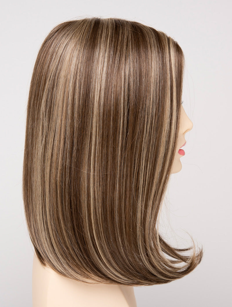 profile side of a medium Kinner Beauty Wigs wig for woman on mannequin head