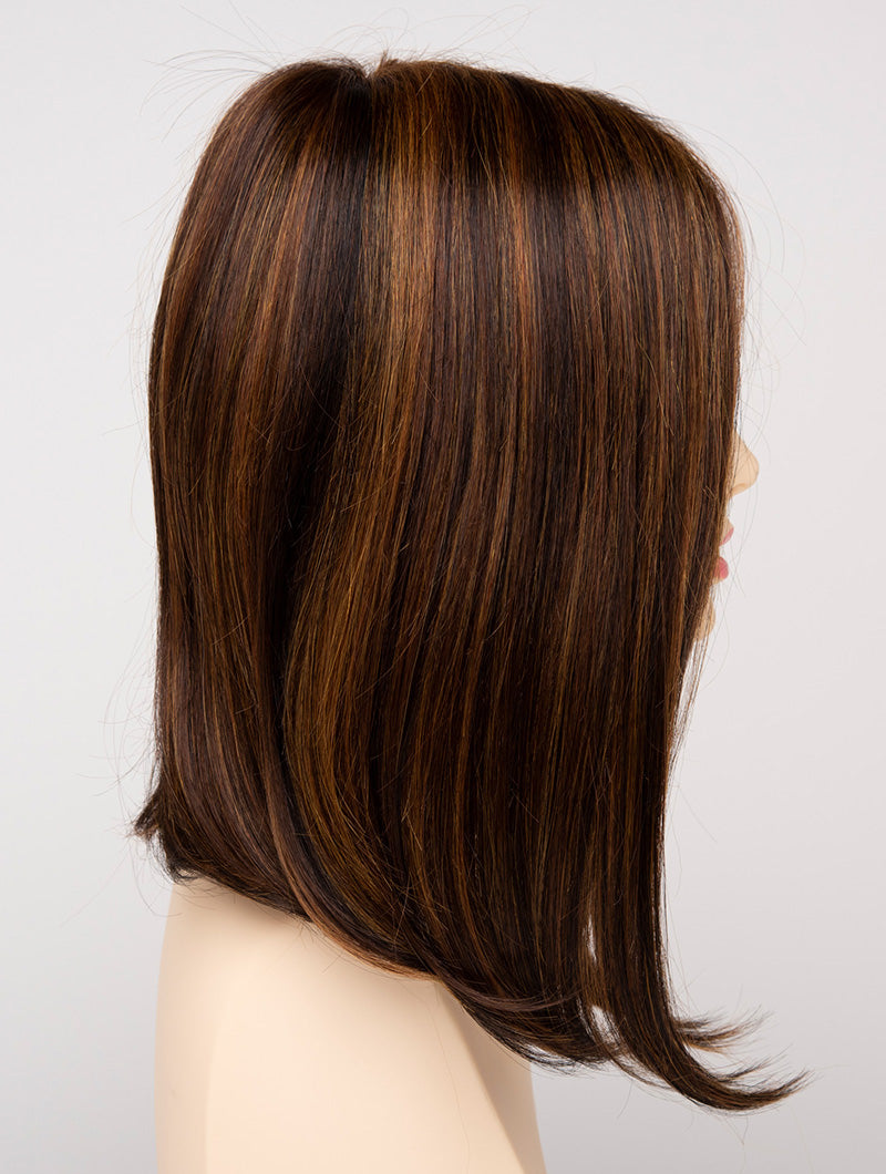 profile side of a medium Kinner Beauty Wigs wig for woman on mannequin head