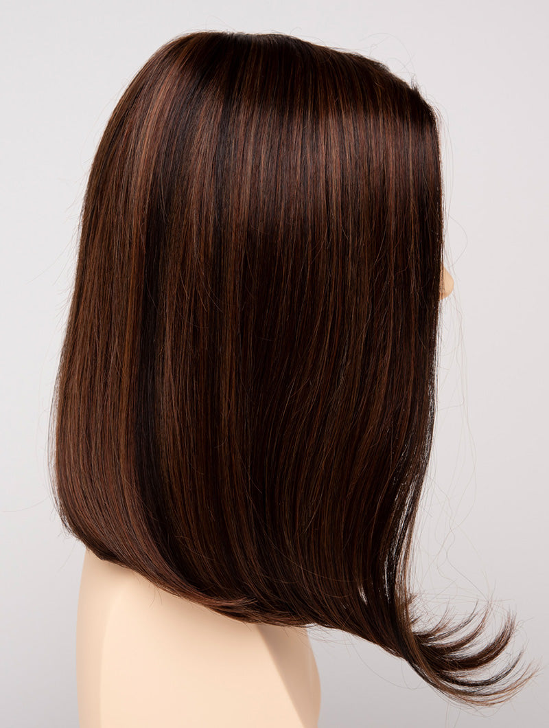 profile side of a medium Kinner Beauty Wigs wig for woman on mannequin head