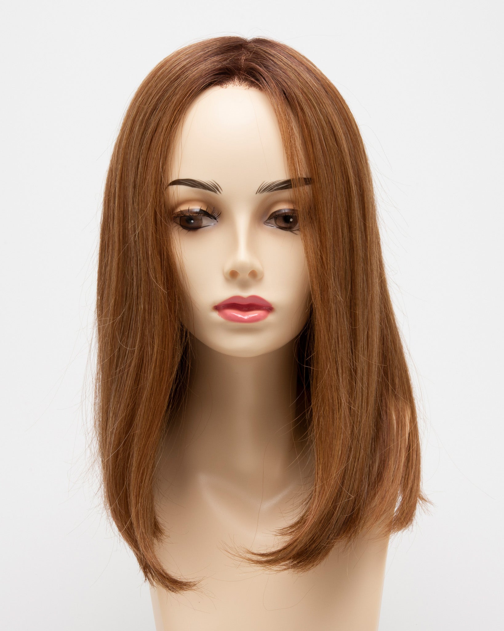 front side of a medium Kinner Beauty Wigs wig for woman on mannequin head
