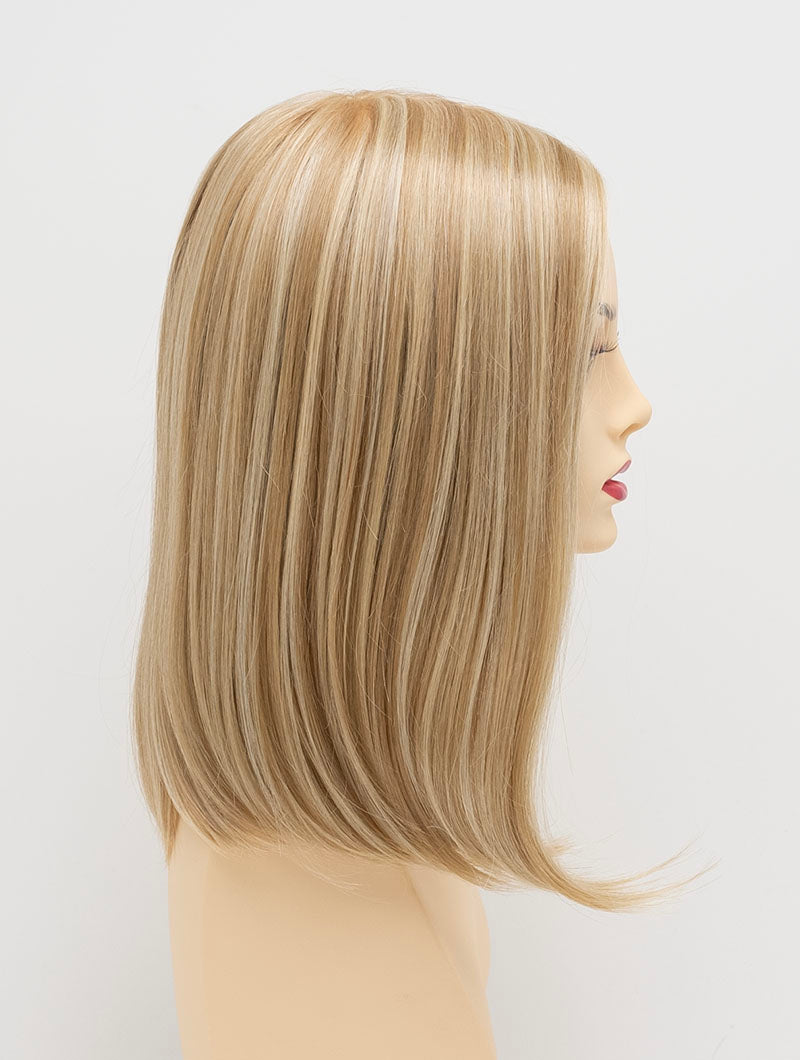 profile side of a medium Kinner Beauty Wigs wig for woman on mannequin head