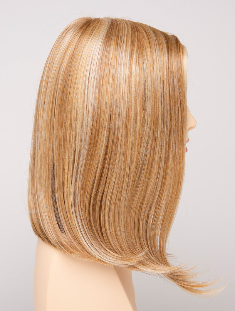 profile side of a medium Kinner Beauty Wigs wig for woman on mannequin head