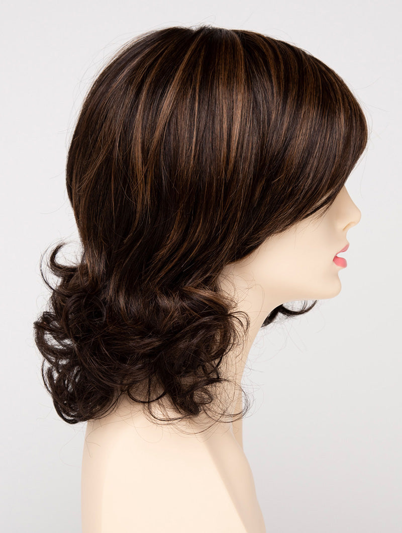 profile side of a medium Kinner Beauty Wigs wig for woman on mannequin head