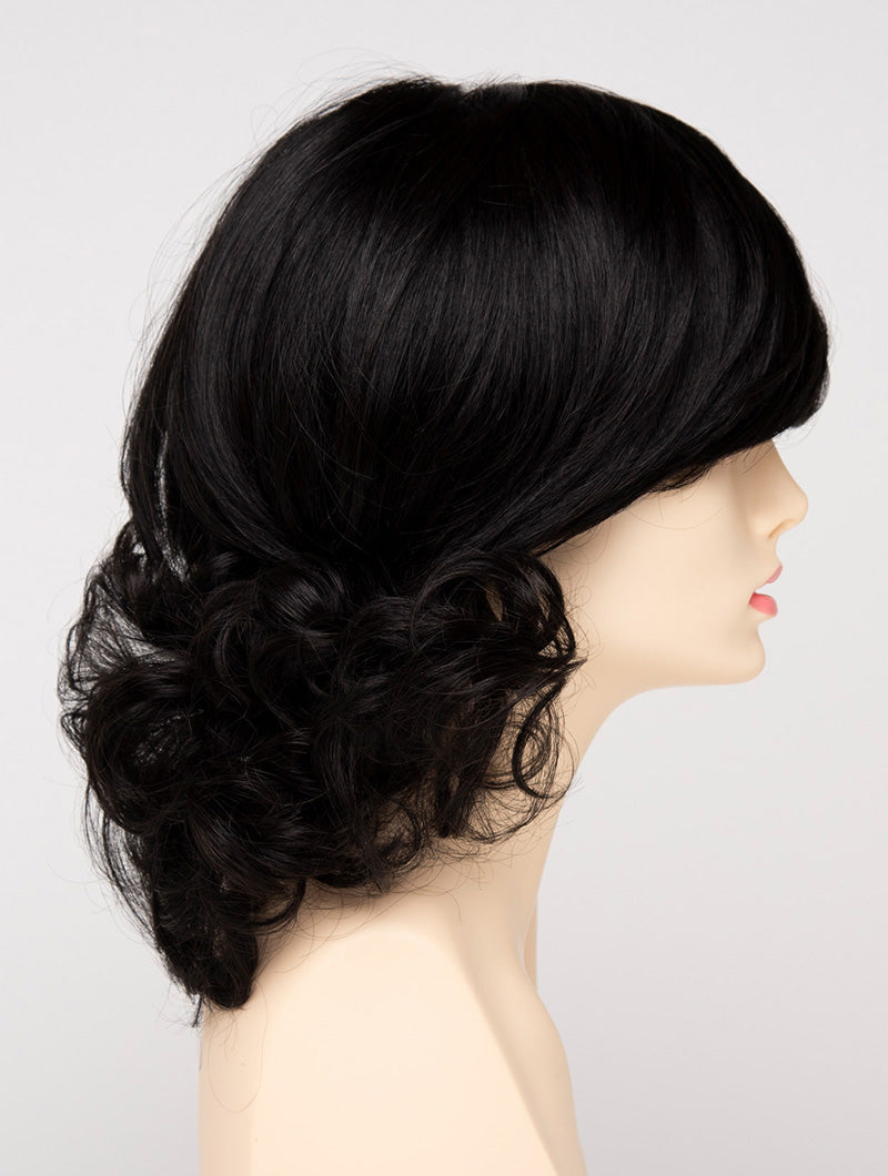profile side of a medium Kinner Beauty Wigs wig for woman on mannequin head
