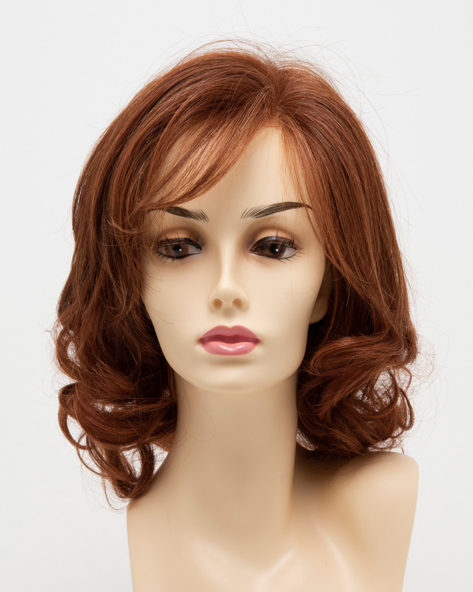 front side of a medium Kinner Beauty Wigs wig for woman on mannequin head