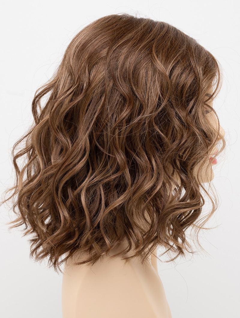 profile side of a medium Kinner Beauty Wigs wig for woman on mannequin head