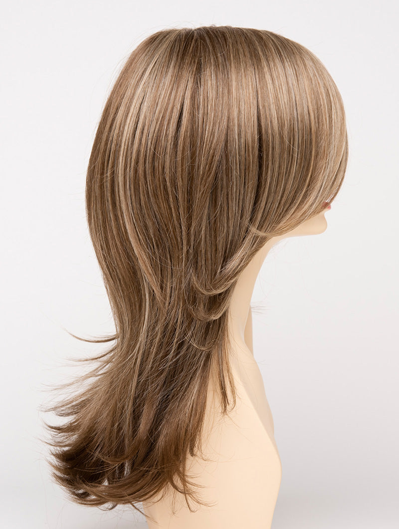 profile side of a long Kinner Beauty Wigs wig for woman on mannequin head