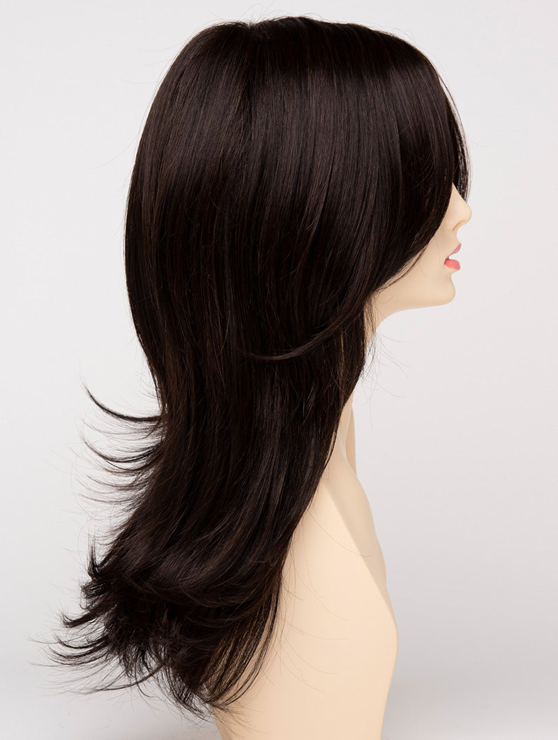 profile side of a long Kinner Beauty Wigs wig for woman on mannequin head
