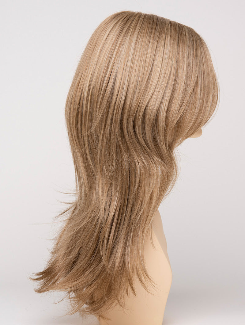profile side of a long Kinner Beauty Wigs wig for woman on mannequin head