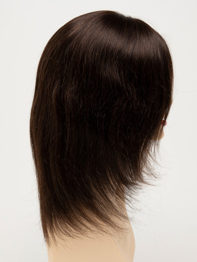 profile side of a medium Kinner Beauty Wigs wig for woman on mannequin head