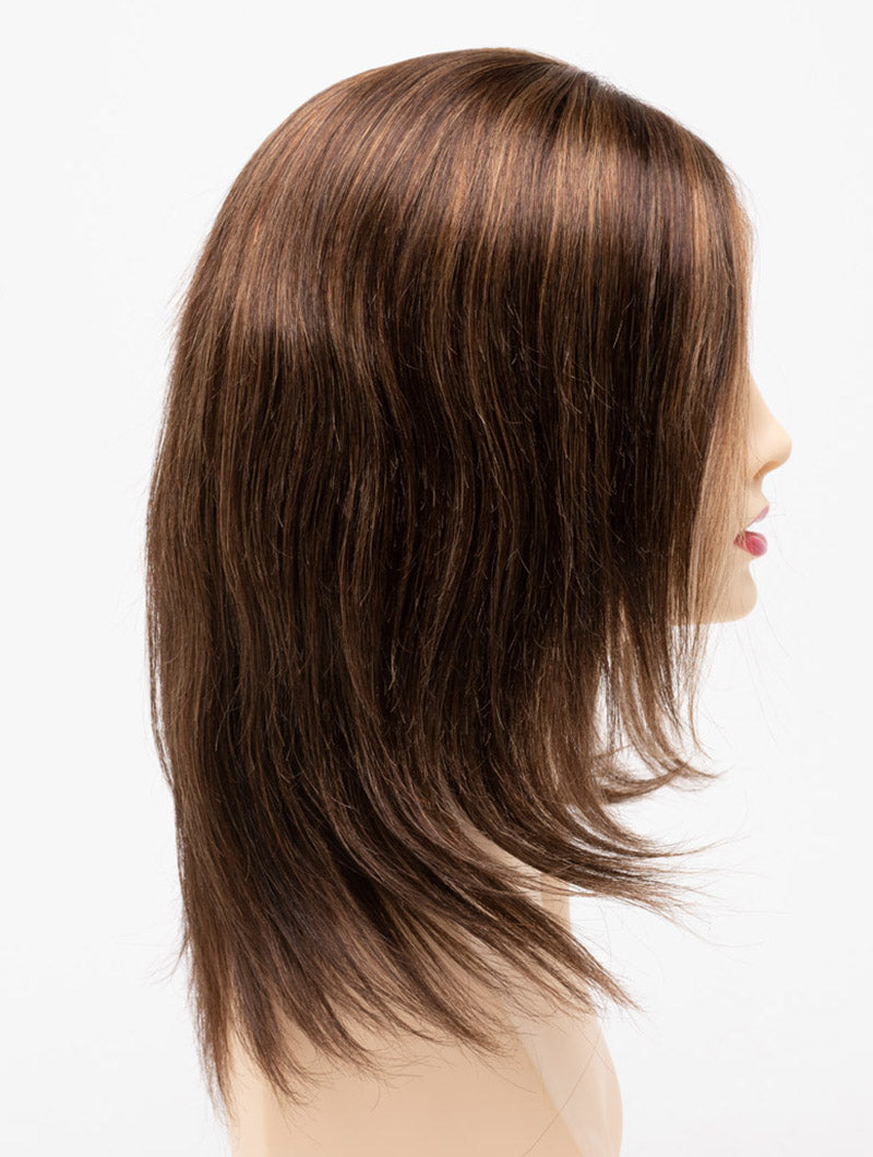 profile side of a medium Kinner Beauty Wigs wig for woman on mannequin head